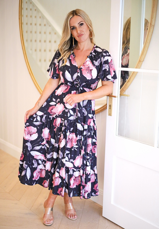 Ladies Maxi Dress - Floral Dress - Deep Purple Background - Demi Dress - Daisy's Closet