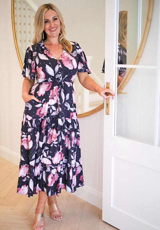 Ladies Maxi Dress - Floral Dress - Deep Purple Background - Demi Dress - Daisy's Closet