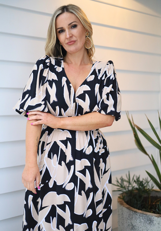 Ladies Party Dress - Maxi Dress - 3/4 Sleeve - Black and Cream - Daisy's Closet