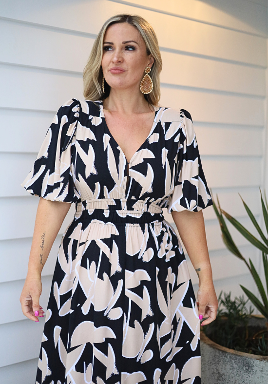 Ladies Party Dress - Maxi Dress - 3/4 Sleeve - Black and Cream - Daisy's Closet