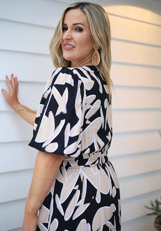 Ladies Party Dress - Maxi Dress - 3/4 Sleeve - Black and Cream - Daisy's Closet