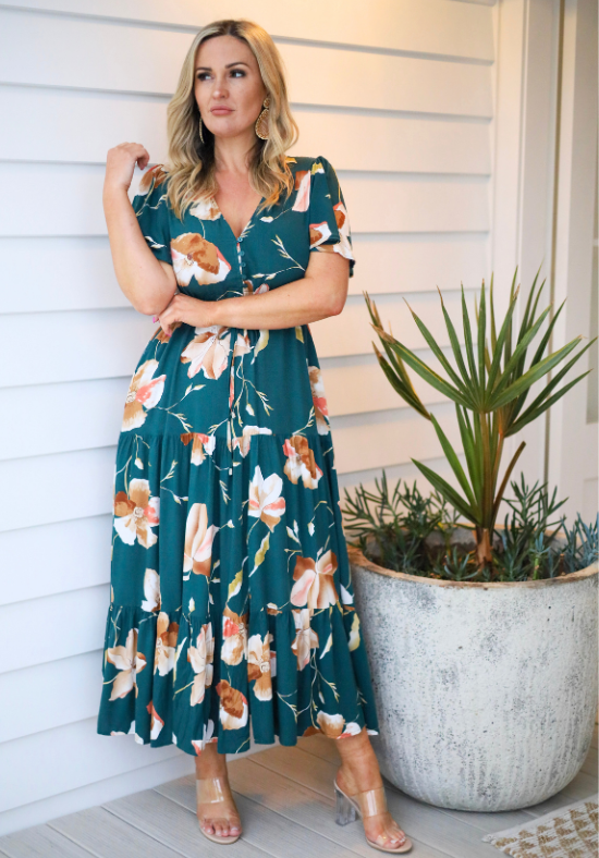 Ladies Floral Maxi Dress Emerald Green - Short Sleeve - Bonnie Maxi Dress - Daisy's Closet