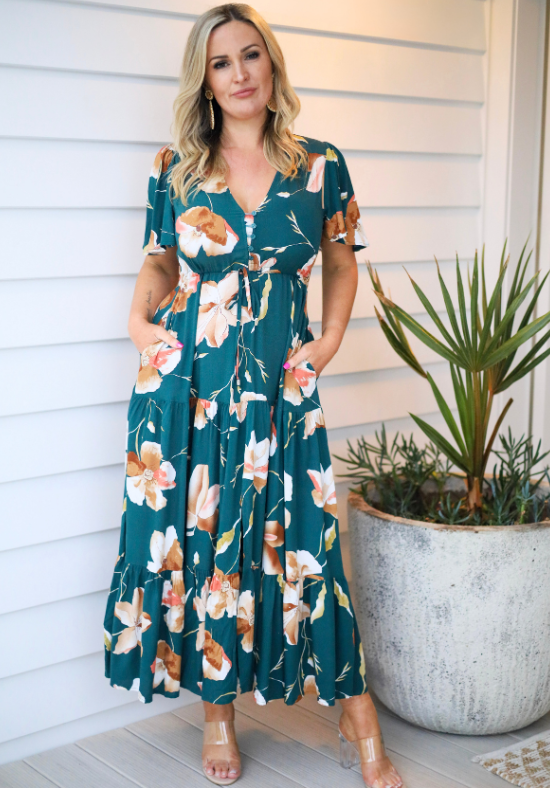 Ladies Floral Maxi Dress Emerald Green - Short Sleeve - Bonnie Maxi Dress - Daisy's Closet