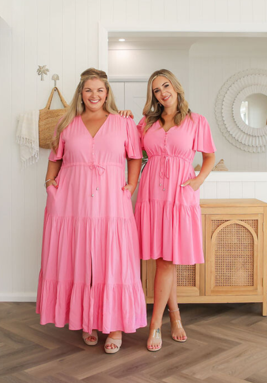 Ladies Short Sleeve Maxi Dress - Flutter Sleeve - Button Up Bust - Gracie Dress - Daisy's Closet