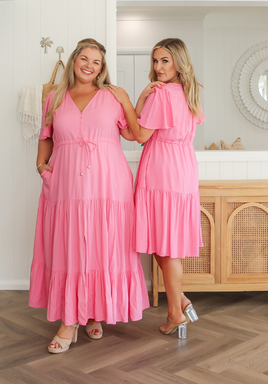 Ladies Short Sleeve Maxi Dress - Flutter Sleeve - Button Up Bust - Gracie Dress - Daisy's Closet