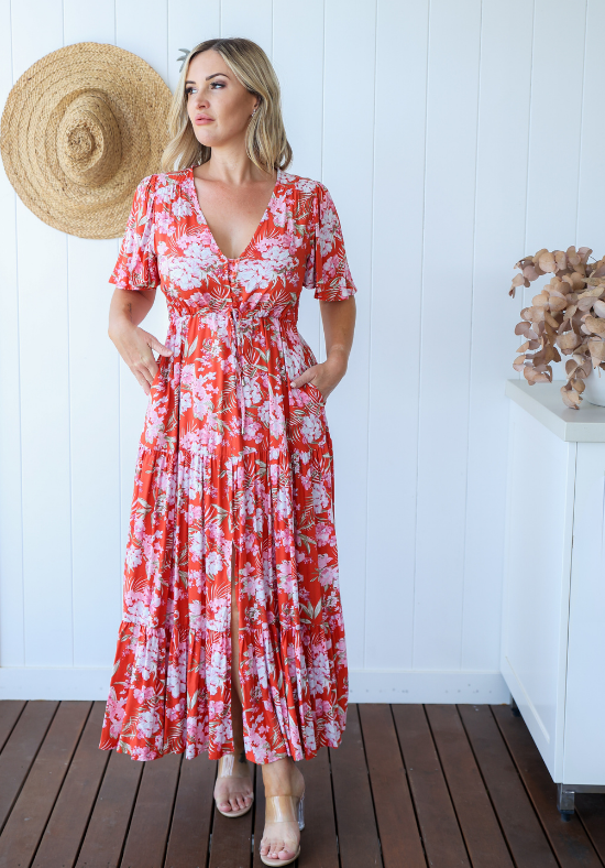 Ladies Maxi Dress - Short Sleeve - Button Up Bust - Gracie Dress - Daisy's Closet