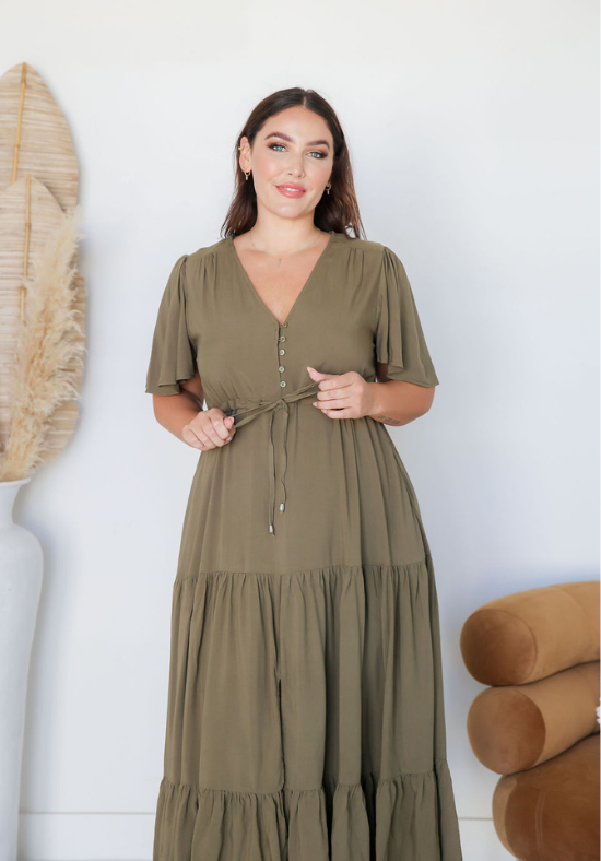 Ladies Khaki Maxi Dress - Gracie Dress - Daisy's Closet