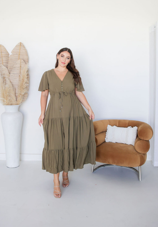 Ladies Khaki Maxi Dress - Gracie Dress - Daisy's Closet