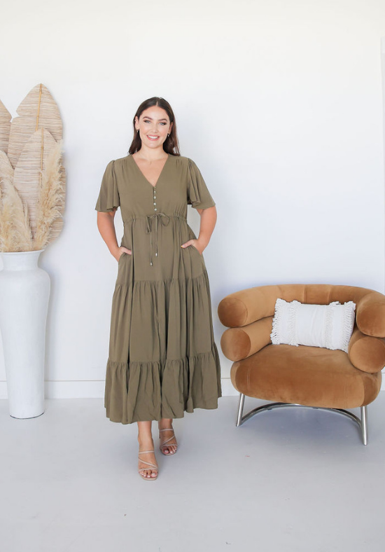 Ladies Khaki Maxi Dress - Gracie Dress - Daisy's Closet