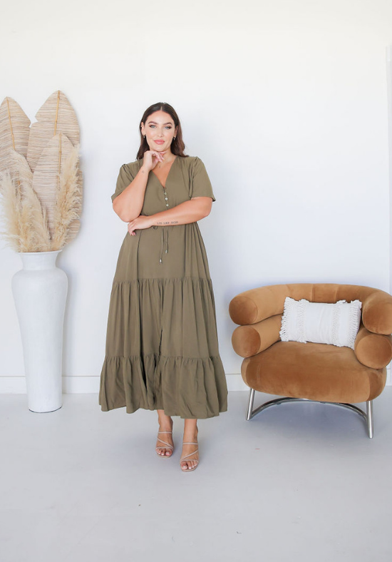 Ladies Khaki Maxi Dress - Gracie Dress - Daisy's Closet