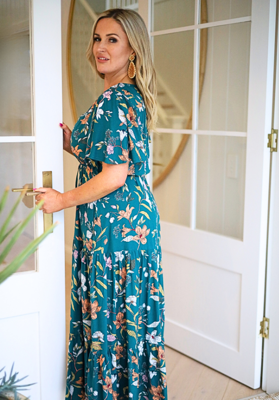 Ladies Short Sleeve Maxi Dress - Floral Maxi Dress - Teal - Gracie - Daisy's Closet