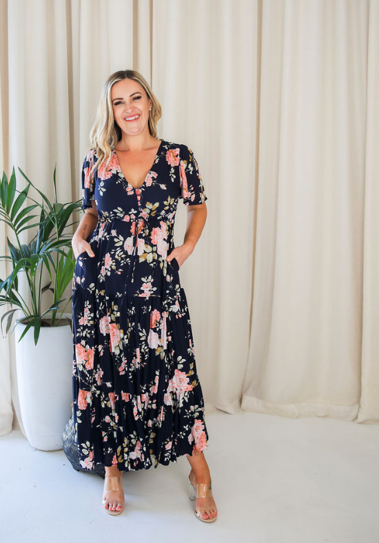 Ladies Navy Floral Print Maxi Dress - Gracie Dress - Daisy's Closet