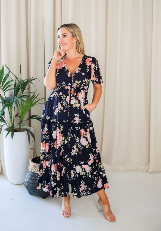 Ladies Navy Floral Print Maxi Dress - Gracie Dress - Daisy's Closet