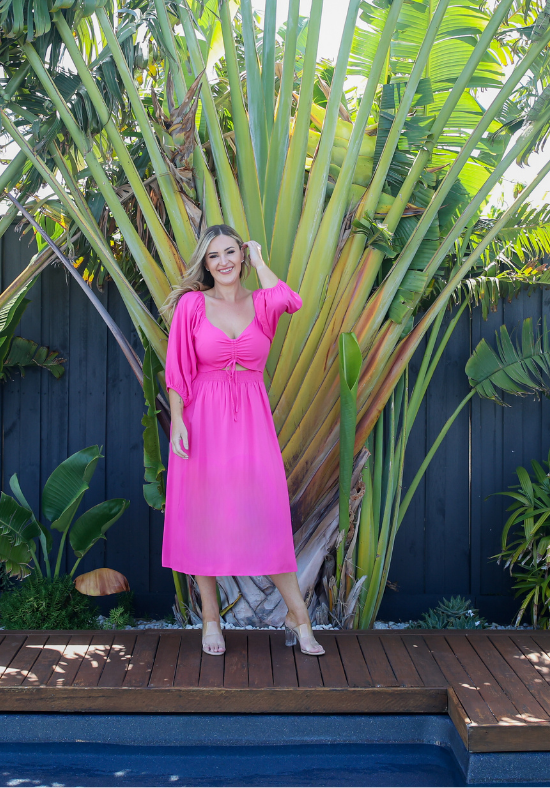 Ladies Pink Cut Out Dress - Midi Dress - Pink - Cora Cut Out Dress - Daisy's Closet