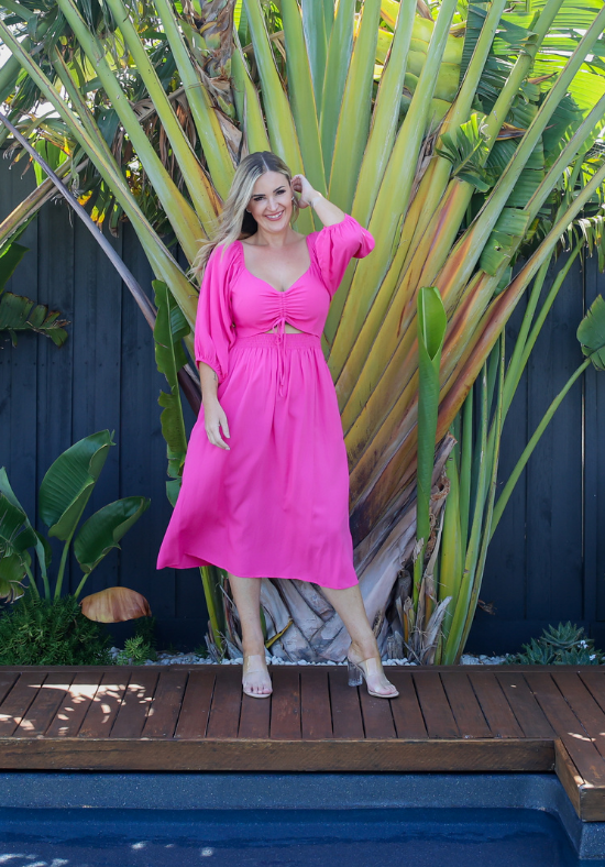 Ladies Pink Cut Out Dress - Midi Dress - Pink - Cora Cut Out Dress - Daisy's Closet