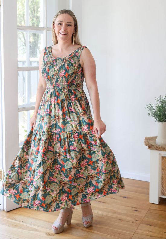 Elena Midi Dress Green Floral Print - Daisy’s Closet