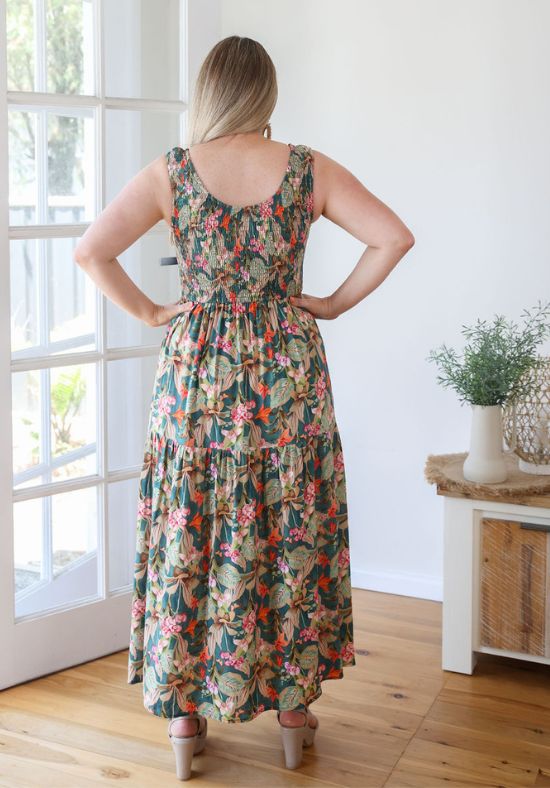 Elena Midi Dress Green Floral Print - Daisy’s Closet