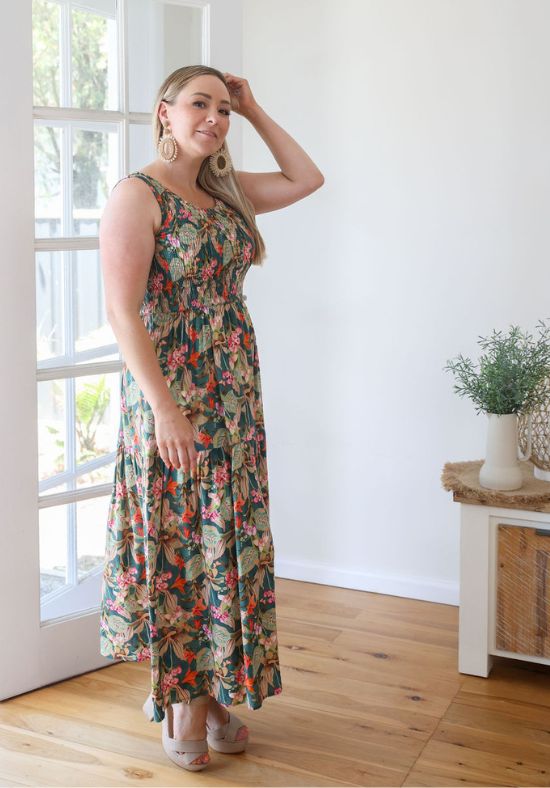 Elena Midi Dress Green Floral Print - Daisy’s Closet