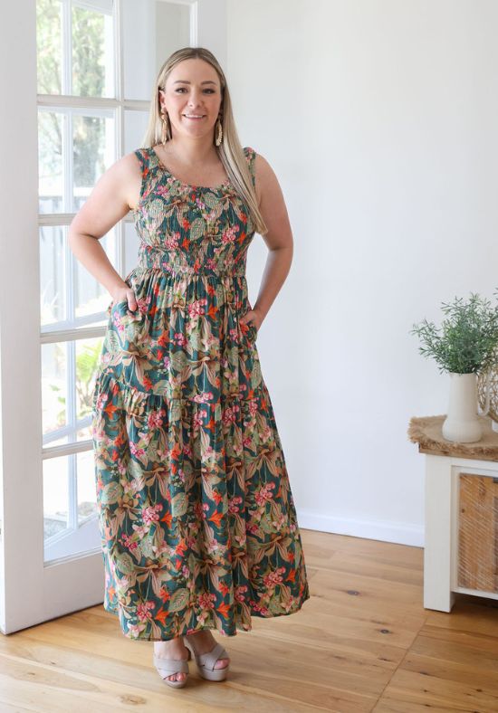 Elena Midi Dress Green Floral Print - Daisy’s Closet