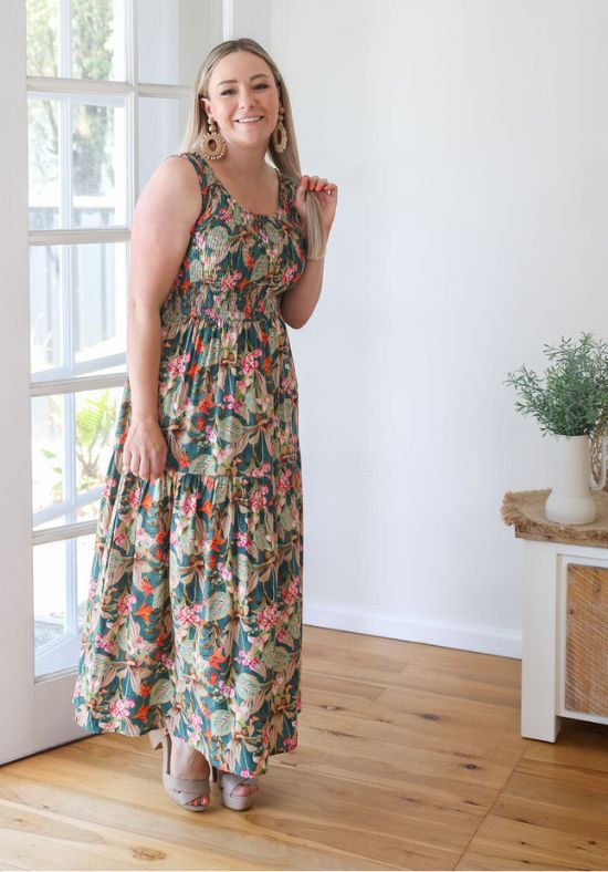 Elena Midi Dress Green Floral Print - Daisy’s Closet