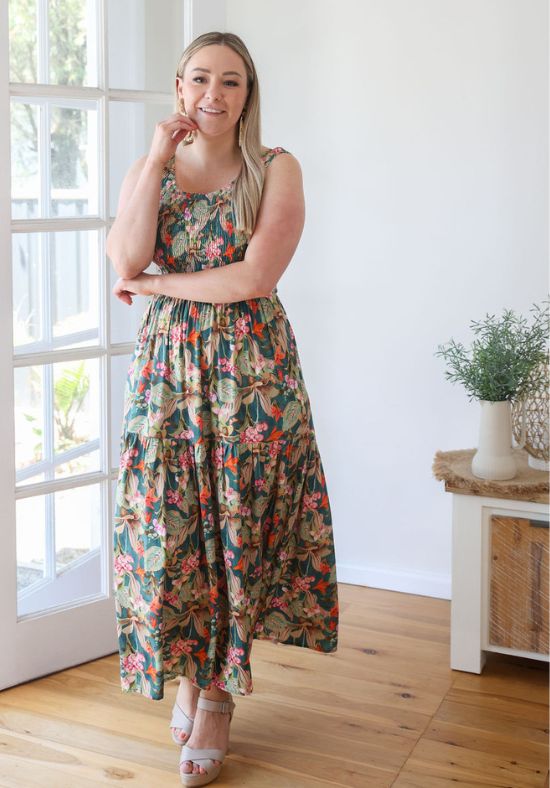 Elena Midi Dress Green Floral Print - Daisy’s Closet