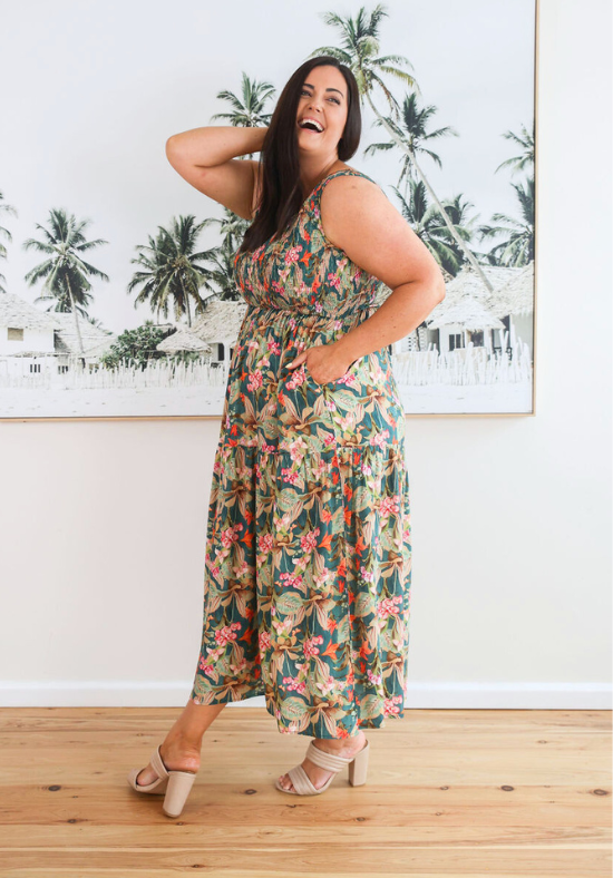 Elena Midi Dress Green Floral Print - Daisy’s Closet