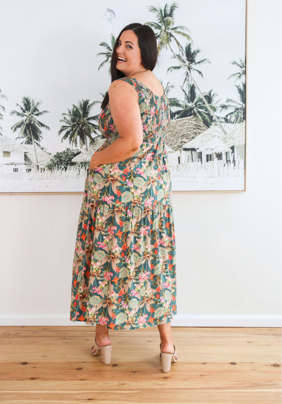 Elena Midi Dress Green Floral Print - Daisy’s Closet