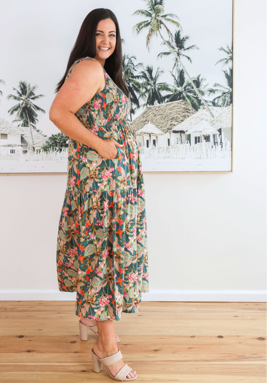 Elena Midi Dress Green Floral Print - Daisy’s Closet