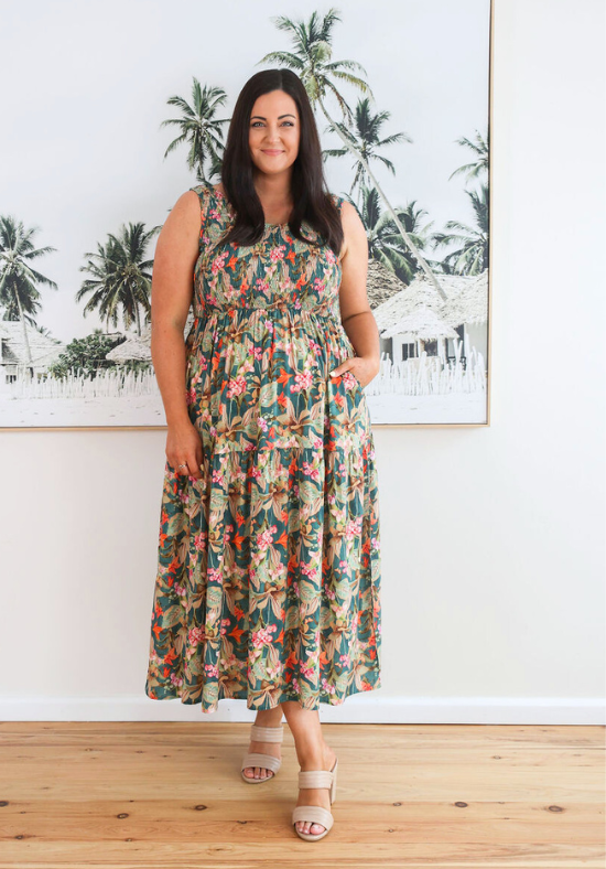 Elena Midi Dress Green Floral Print - Daisy’s Closet