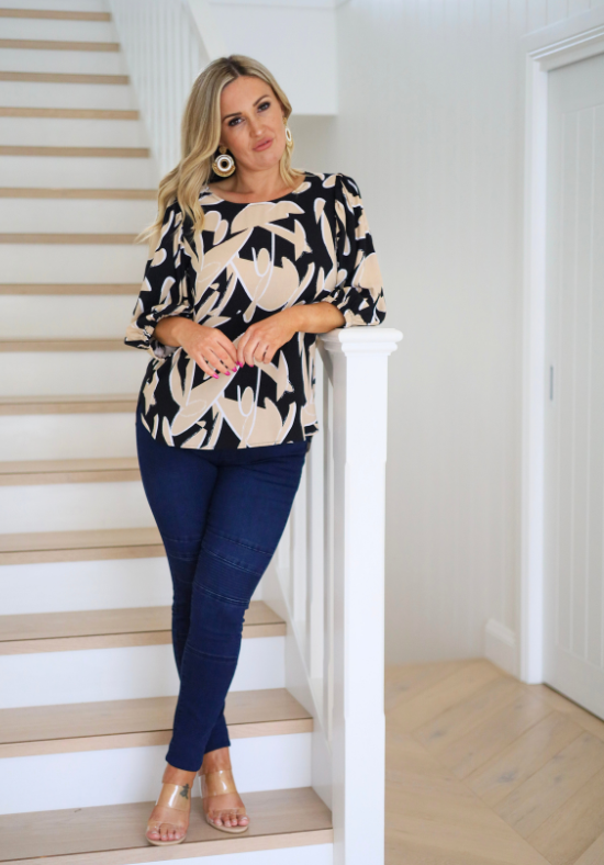 Ladies Short Sleeve Black Top - Abstract Pattern - Sizes 6-26 - Kara Top Daisy's Closet