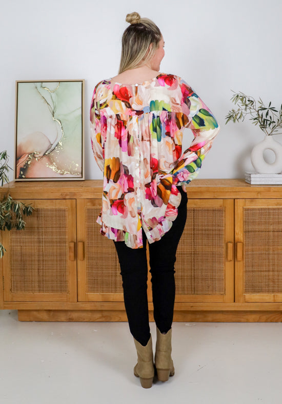 Daisy's Closet Mila long sleeve paintbrush print top for girls, featuring colorful brushstroke design and comfortable fit.
