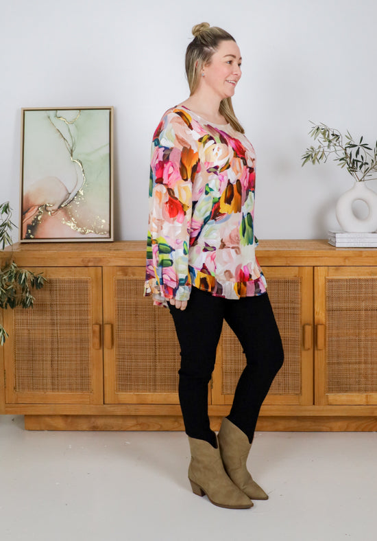 Mila long sleeve paintbrush print top from Daisy's Closet, casual shirt with colorful brushstroke design, versatile for everyday wear.