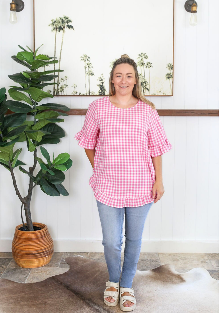 Pink gingham Molly top for women by Daisy's Closet, short sleeve blouse with button front and classic pattern.