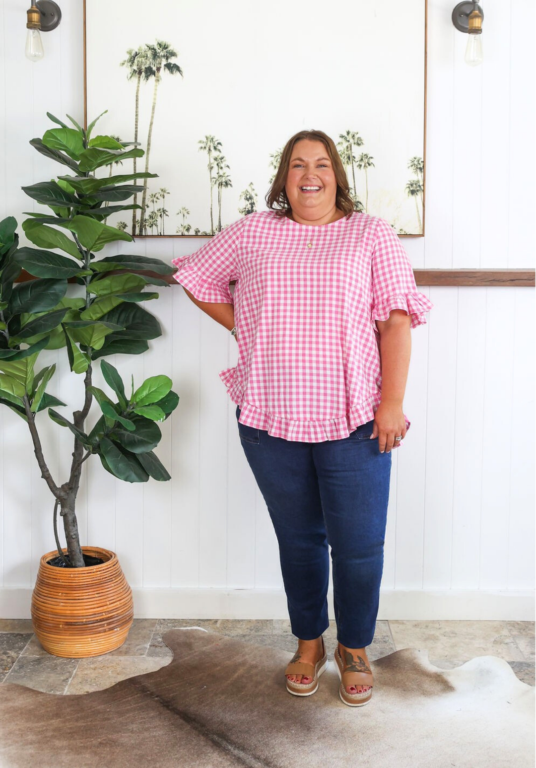 Pink gingham Molly top for women, short-sleeve blouse by Daisy's Closet with a casual, stylish design.