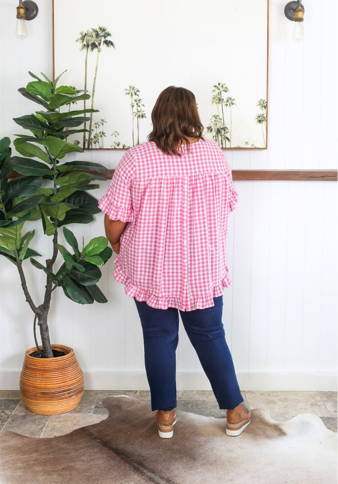 Pink gingham Molly top for women, short-sleeve blouse from Daisy's Closet with a classic gingham pattern.