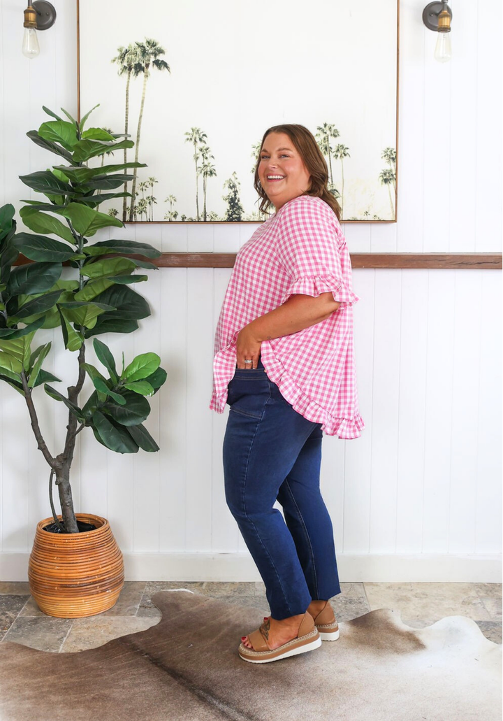Pink gingham Molly top for ladies, short sleeve blouse from Daisy's Closet with a stylish, casual design.