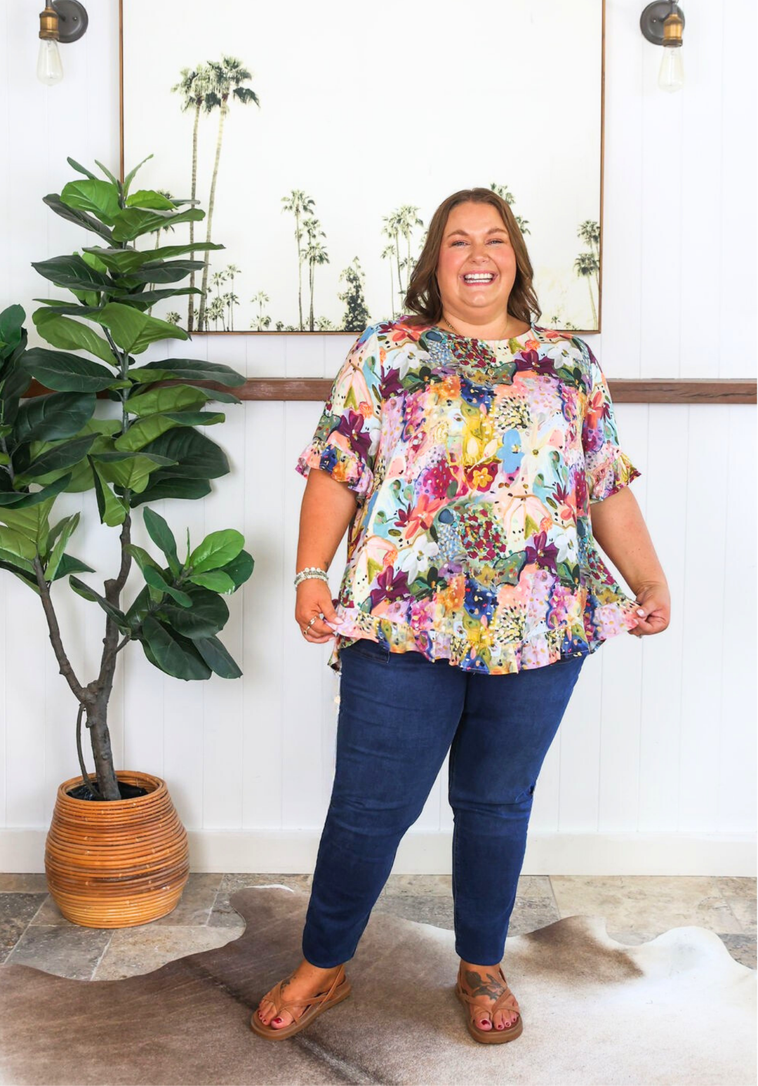 Daisy's Closet New Look Mila top with petal print, short sleeves, button back, floral design for women.