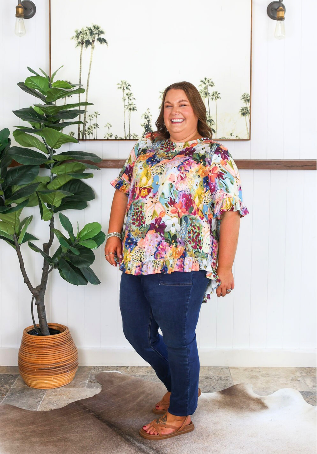 Daisy's Closet New Look Mila petal print top for women, short sleeve button-back design with floral pattern.