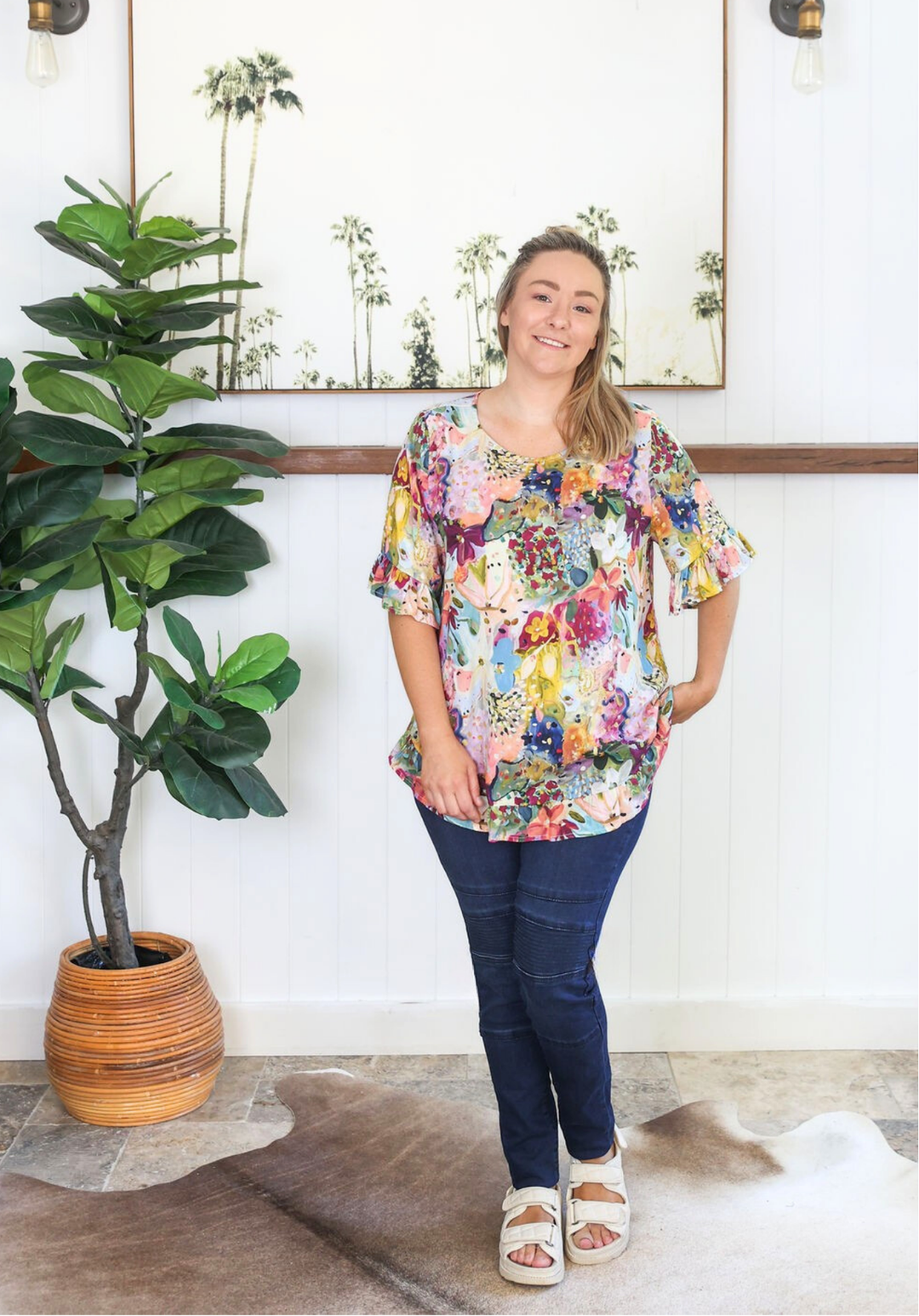 Daisy's Closet New Look Mila Petal Print Top for women, short sleeve button-back blouse with floral print.