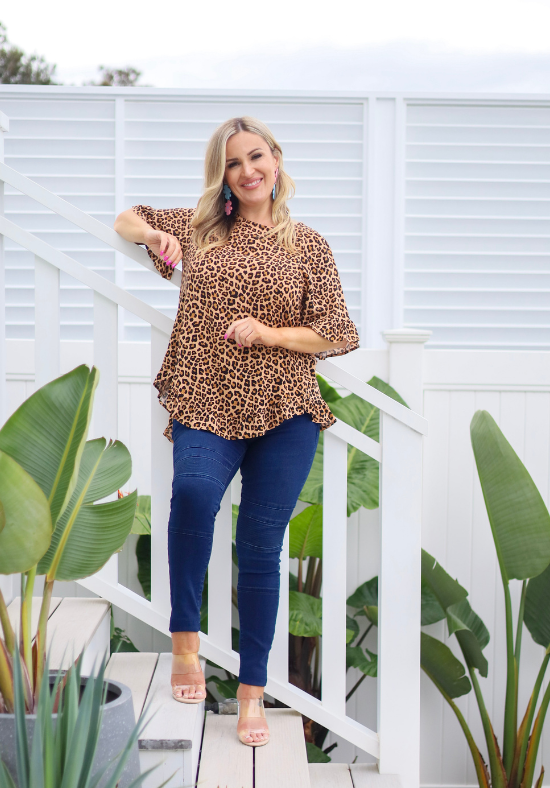 Ladies Leopard Top - Short Sleeve - Button Back - Round Neckline - Mila Top - Daisy's Closet