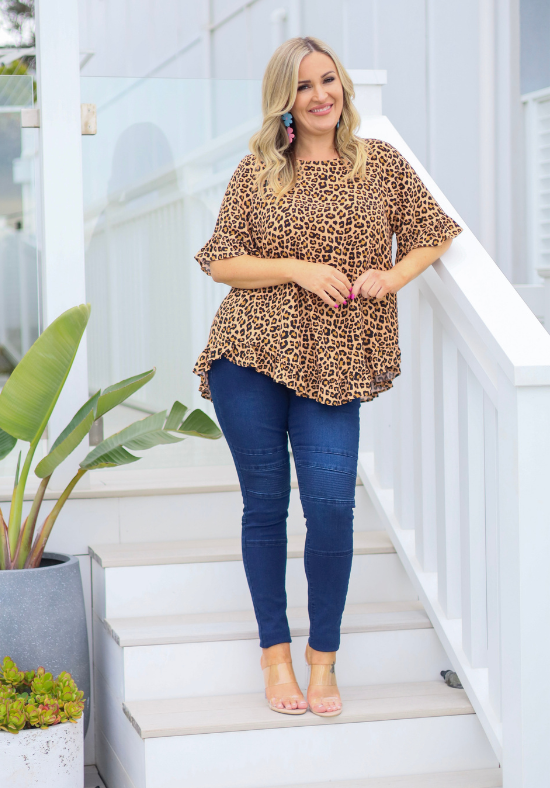 Ladies Leopard Top - Short Sleeve - Button Back - Round Neckline - Mila Top - Daisy's Closet