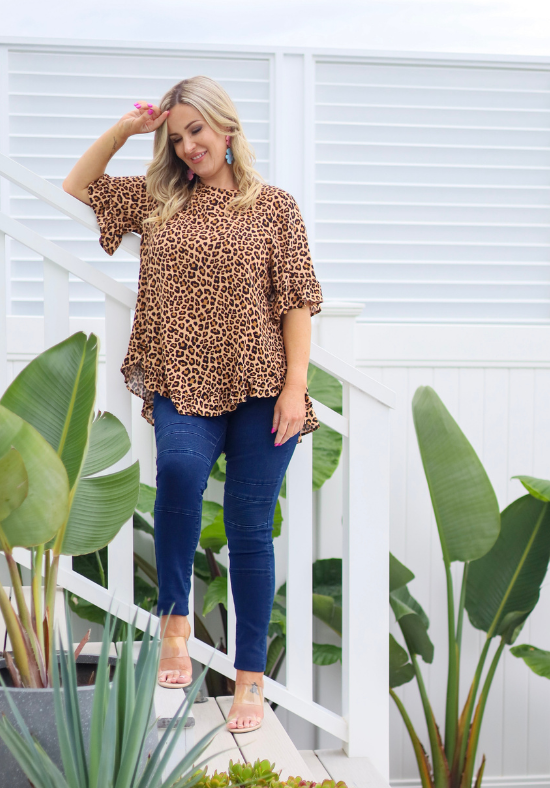 Ladies Leopard Top - Short Sleeve - Button Back - Round Neckline - Mila Top - Daisy's Closet