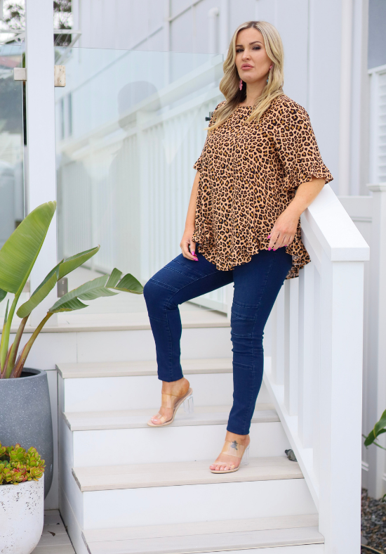 Ladies Leopard Top - Short Sleeve - Button Back - Round Neckline - Mila Top - Daisy's Closet