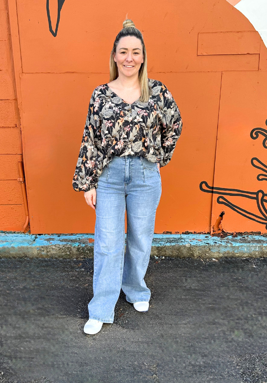 Remi Top Long Sleeve Grey Floral - Daisy’s Closet