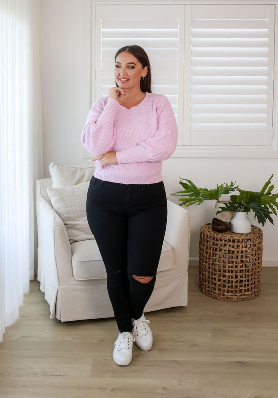 Womens Black Jeans - Stretch Denim - Full Length - Functional Front and Back Pockets - Ripped Knee Details - Sizes 6 - 18 - Front Full Length View Paired With Harper Knit Lilac Sizes 14 - Black Ivy Jeans - Daisy's Closet