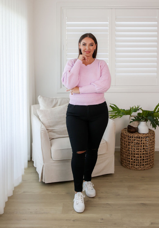 Womens Black Jeans - Stretch Denim - Full Length - Functional Front and Back Pockets - Ripped Knee Details - Sizes 6 - 18 - Front Full Length View Paired With Harper Knit Lilac Sizes 14 - Black Ivy Jeans - Daisy's Closet