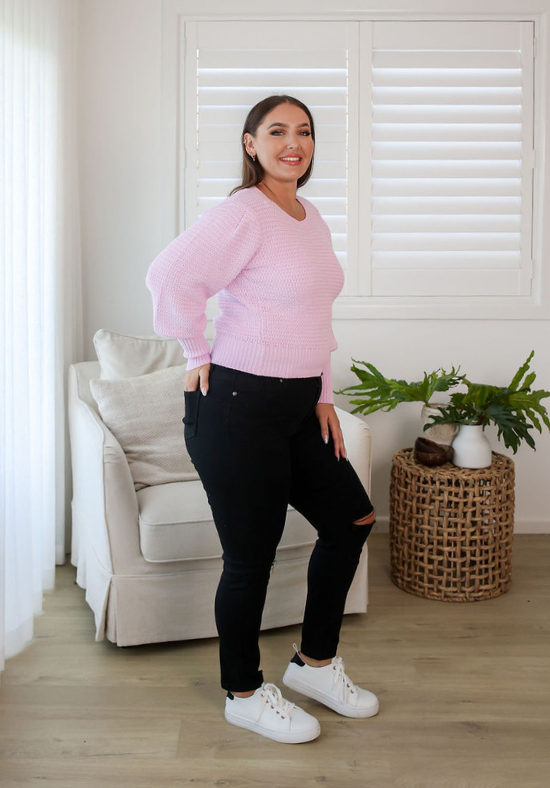 Womens Black Jeans - Stretch Denim - Full Length - Functional Front and Back Pockets - Ripped Knee Details - Sizes 6 - 18 - Right Side Full Length View Paired With Harper Knit Lilac Sizes 14 - Black Ivy Jeans - Daisy's Closet