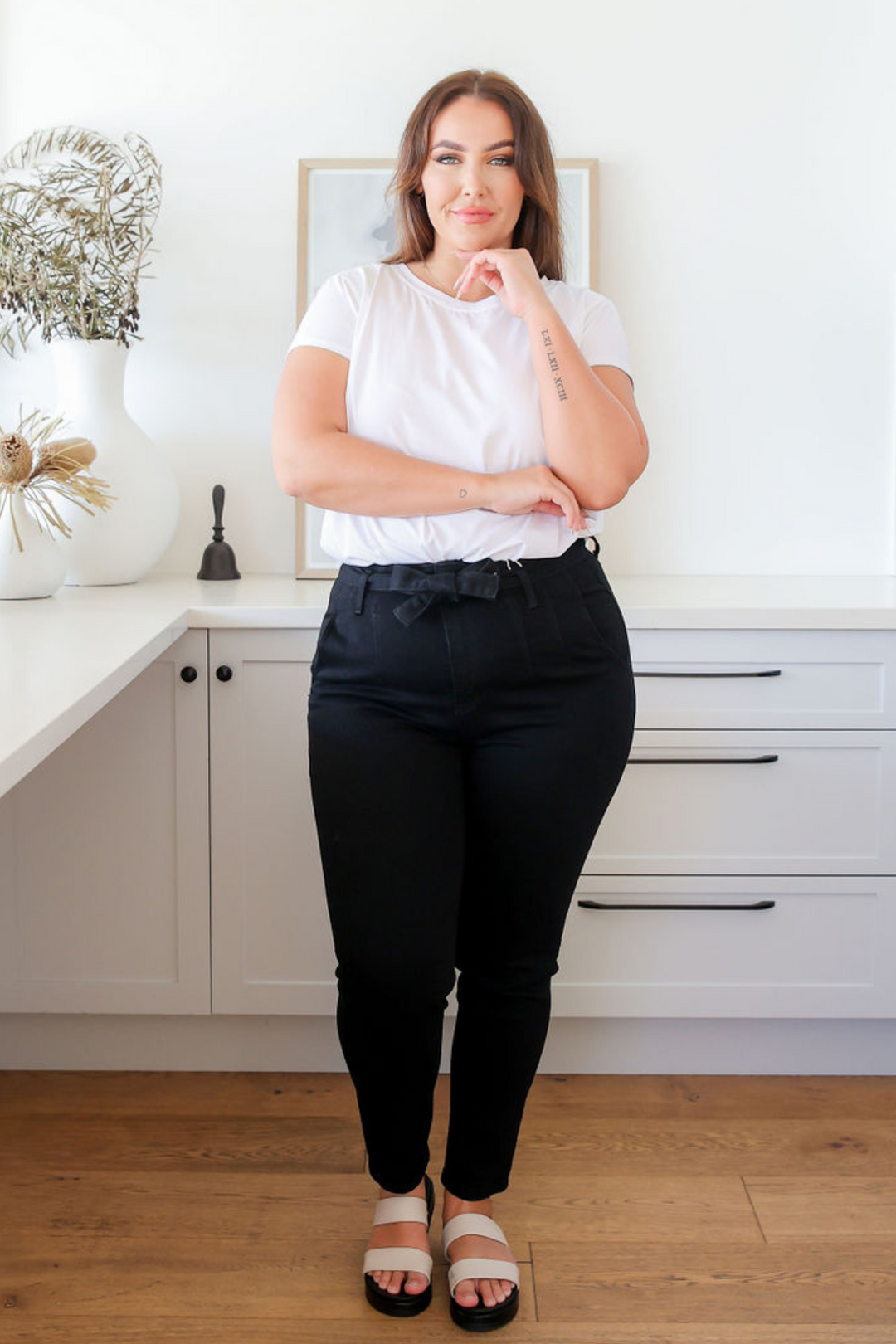 Ladies High Waisted Jeans - Black - Optional Tie Belt - Slimming Cut - Funtional Front + Back Pockets - Sizes 6 - 18 - Daisy Denim Jeans Black - Daisy's Closet