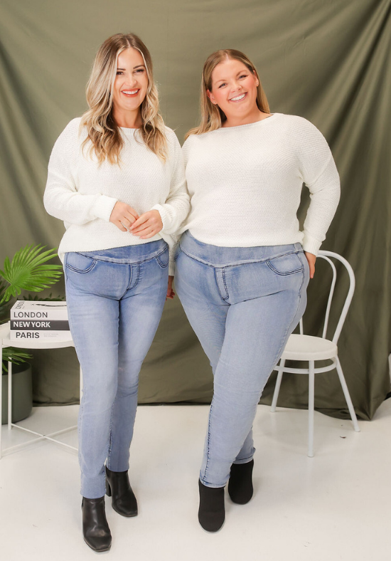 Ladies Light Blue Denim Pull On Jeans - Tummy Flattening Waist Band - Daisy's Closet