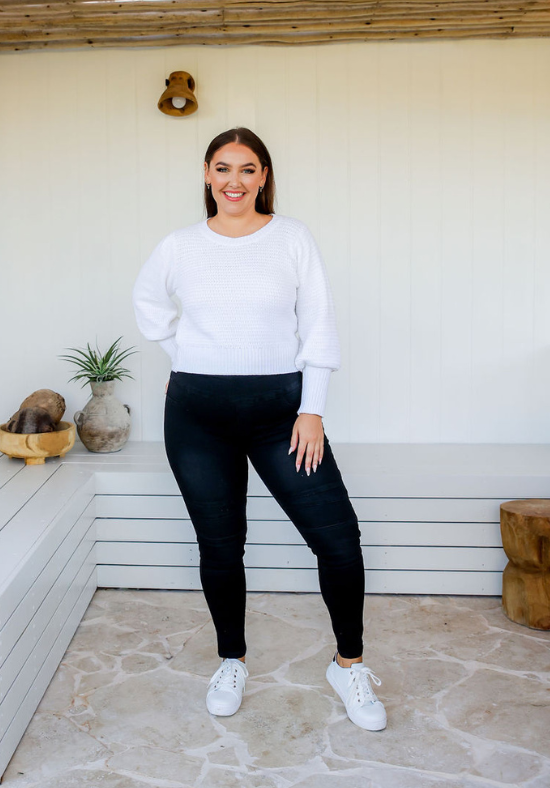 Ladies Black Pull On Jeans - Tummy Flattening Waistband - Panel Detailing on Front - Front and Back Functional Pockets - Sizes 6 - 18 - Delilah Denim Jeans Size 14 Front Full Length View Paired with Harper Knit White - Daisy's Closet